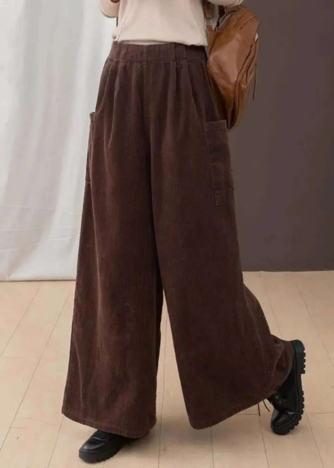 2024 New Brown Pockets Corduroy Warm Fleece Wide Leg Pants Winter RU007