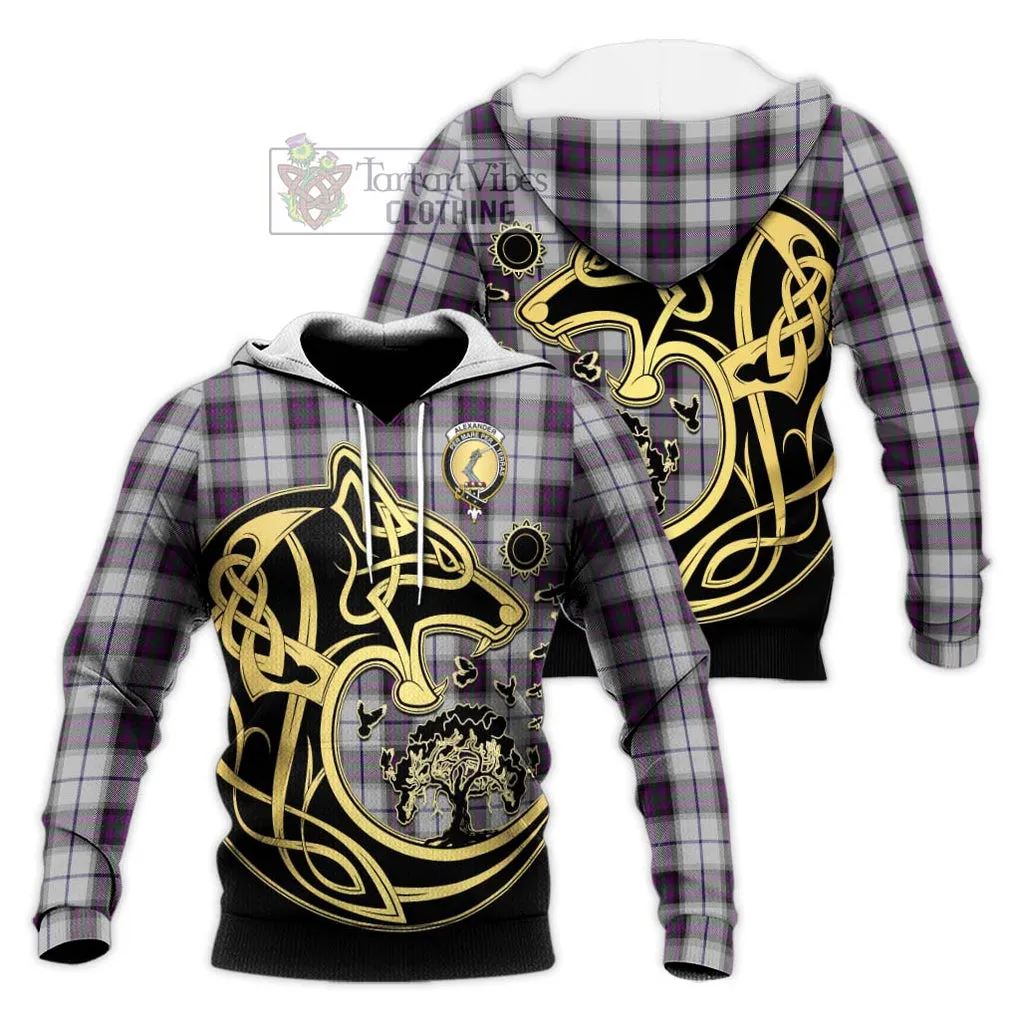 Alexander of Menstry Dress Tartan Knitted Hoodie with Family Crest Celtic Wolf Style