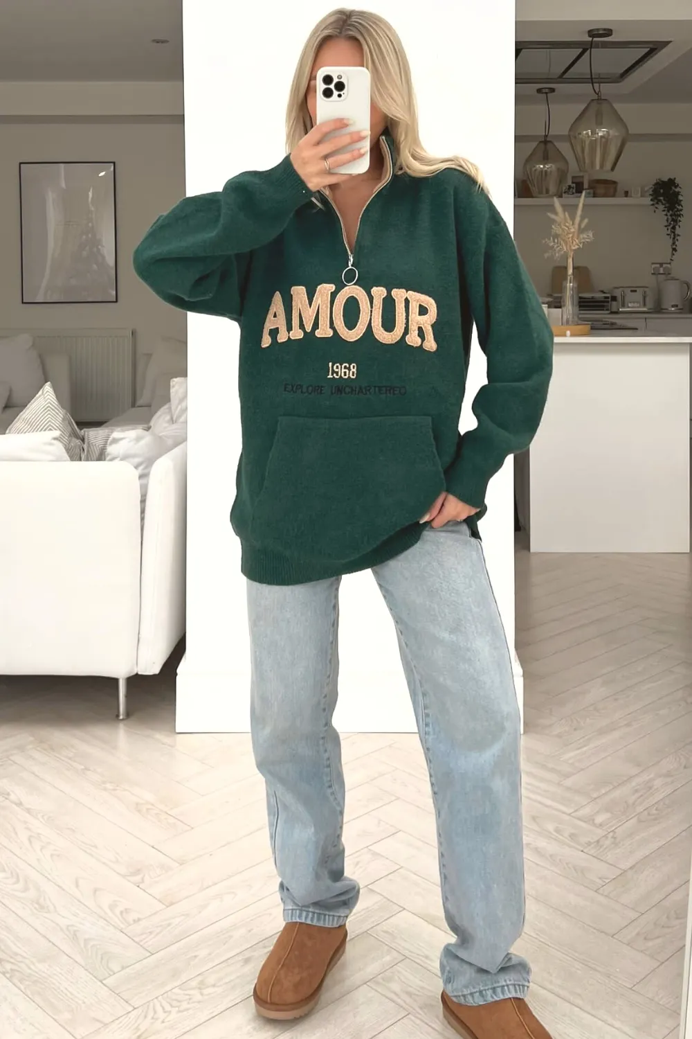 Amour green embroidered knitted 1/4 zip jumper