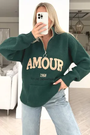 Amour green embroidered knitted 1/4 zip jumper