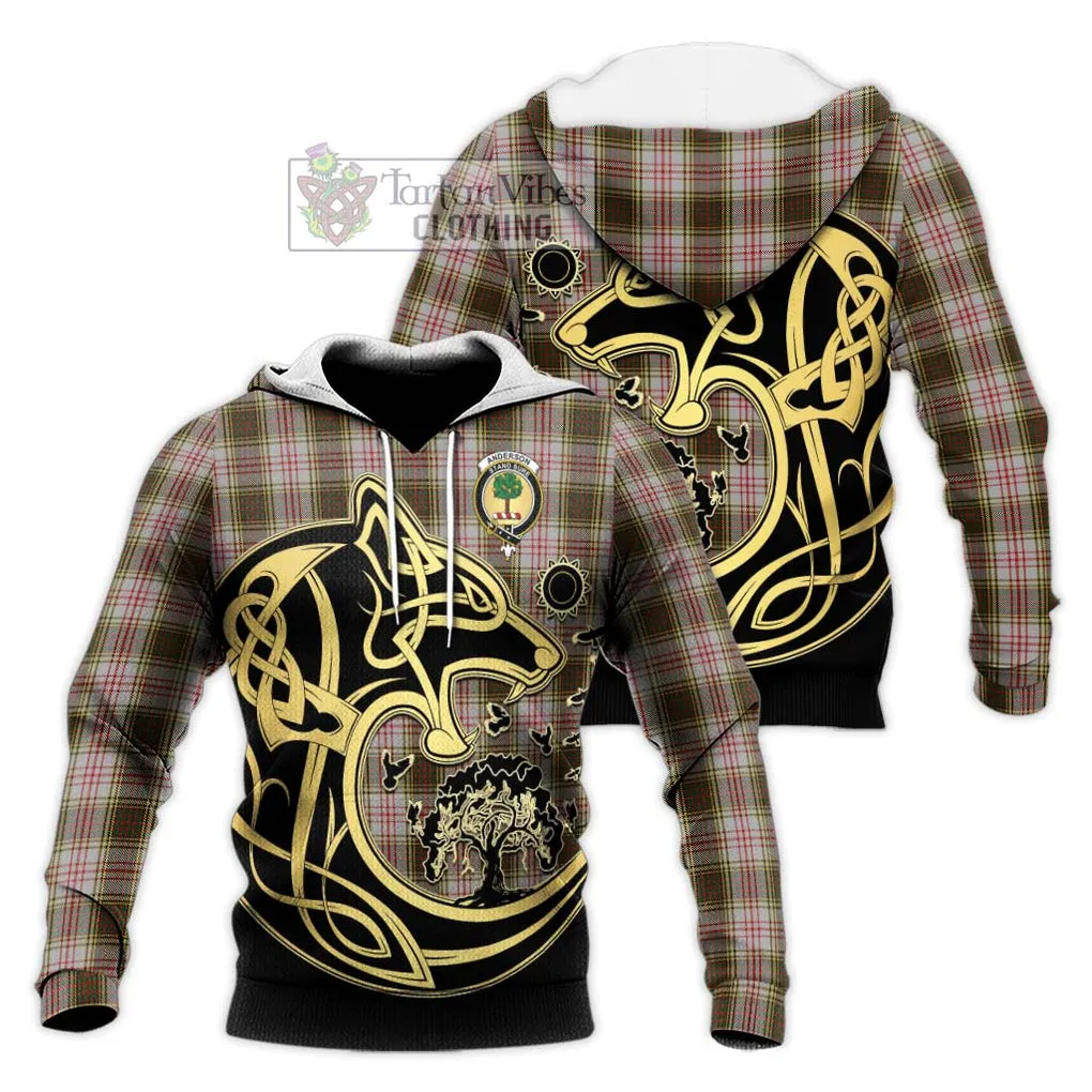 Anderson Dress Tartan Knitted Hoodie with Family Crest Celtic Wolf Style