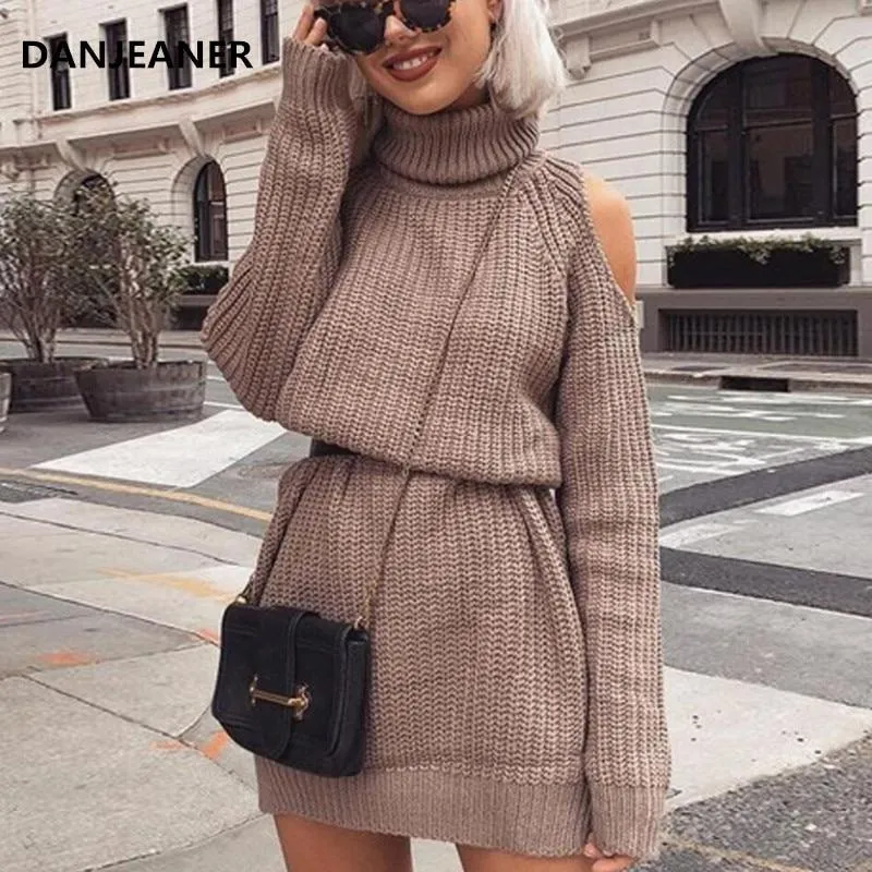 Autumn Winter Turtleneck Off Shoulder Knitted Sweater Dress Women Solid Slim Plus Size Long Pullovers Knitting Jumper