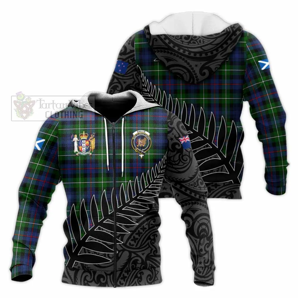 Baillie (Bailey) Crest Tartan Knitted Hoodie with New Zealand Silver Fern Half Style