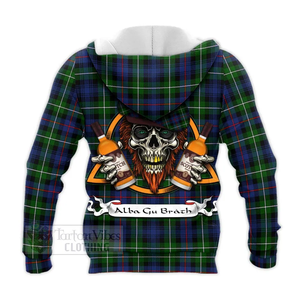 Baillie (Bailey) Tartan Knitted Hoodie with Family Crest and Bearded Skull Holding Bottles of Whiskey