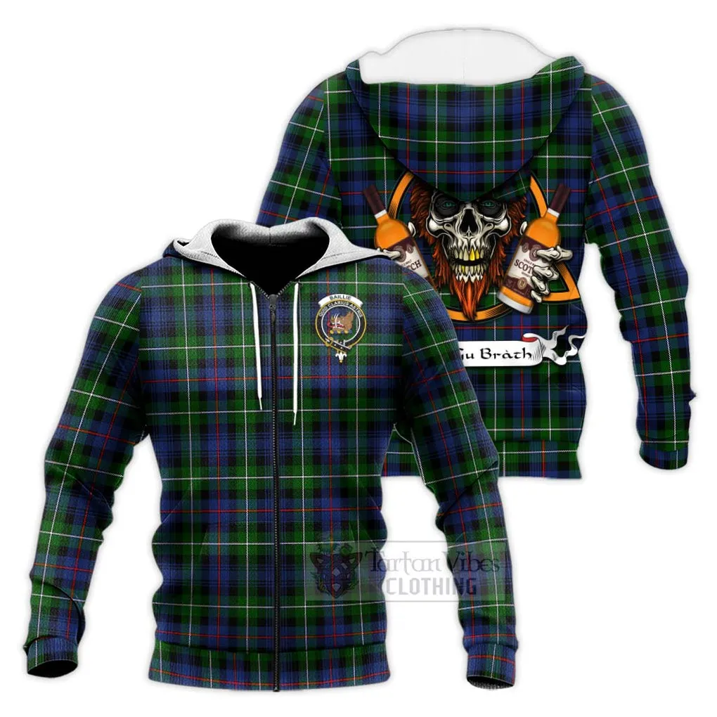 Baillie (Bailey) Tartan Knitted Hoodie with Family Crest and Bearded Skull Holding Bottles of Whiskey