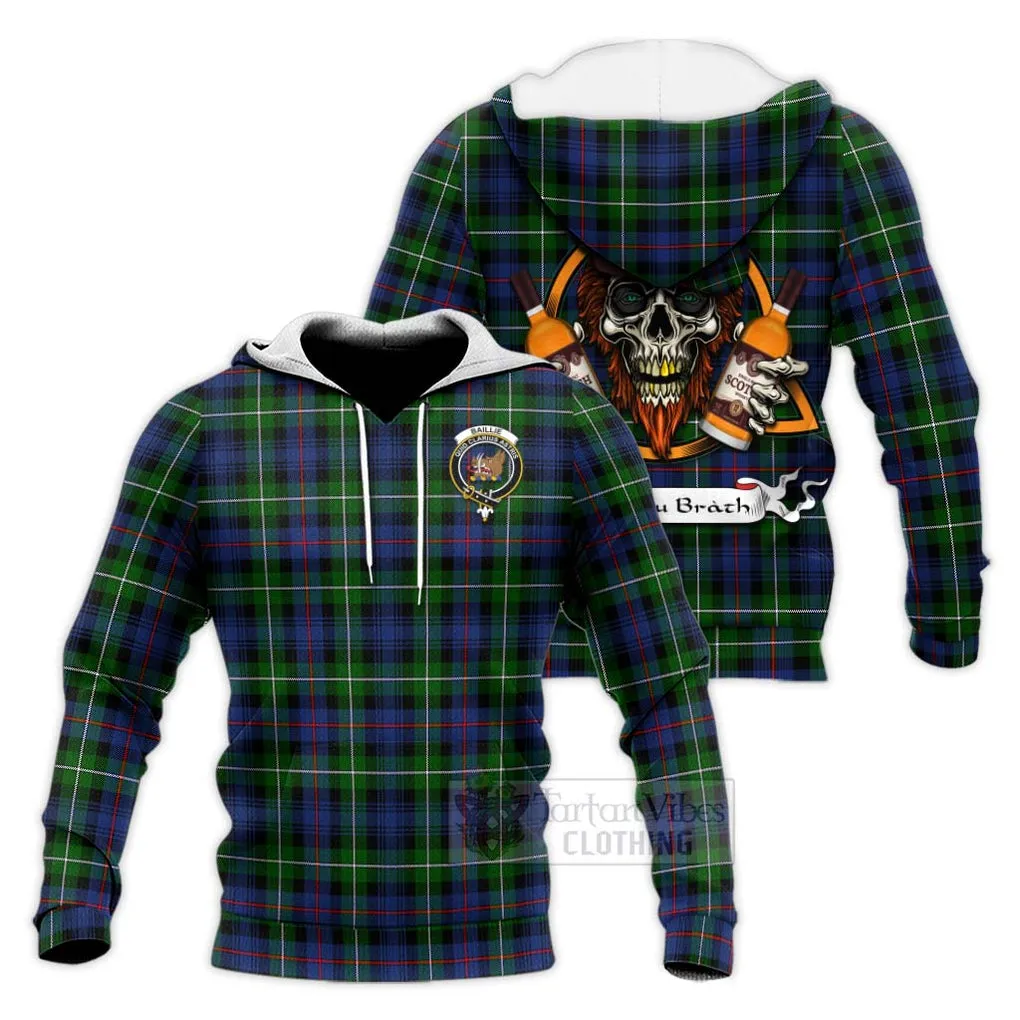 Baillie (Bailey) Tartan Knitted Hoodie with Family Crest and Bearded Skull Holding Bottles of Whiskey