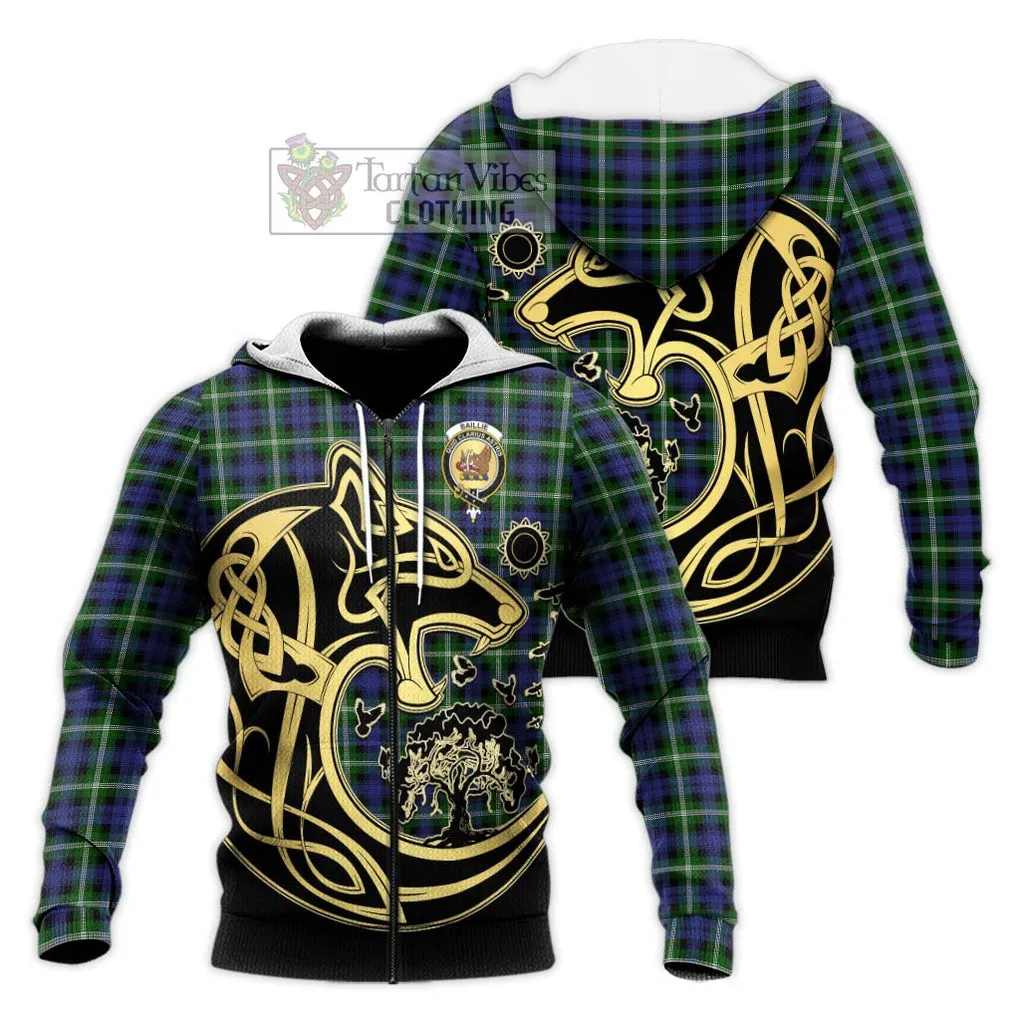 Baillie (Bailey) Tartan Knitted Hoodie with Family Crest Celtic Wolf Style