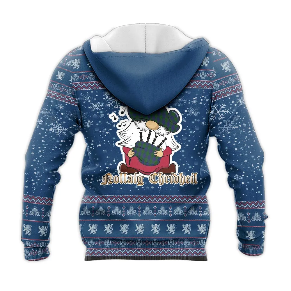 Barclay Clan Christmas Knitted Hoodie with Funny Gnome Playing Bagpipes