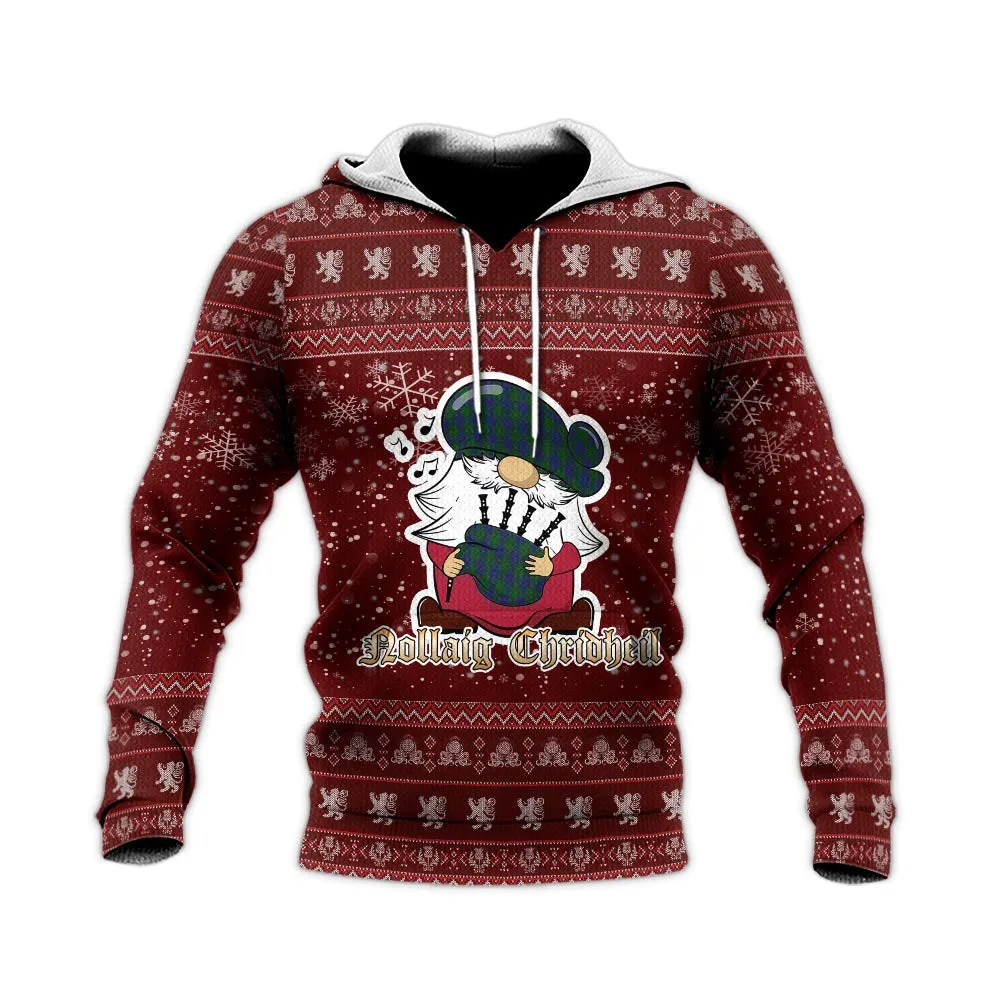 Barclay Clan Christmas Knitted Hoodie with Funny Gnome Playing Bagpipes