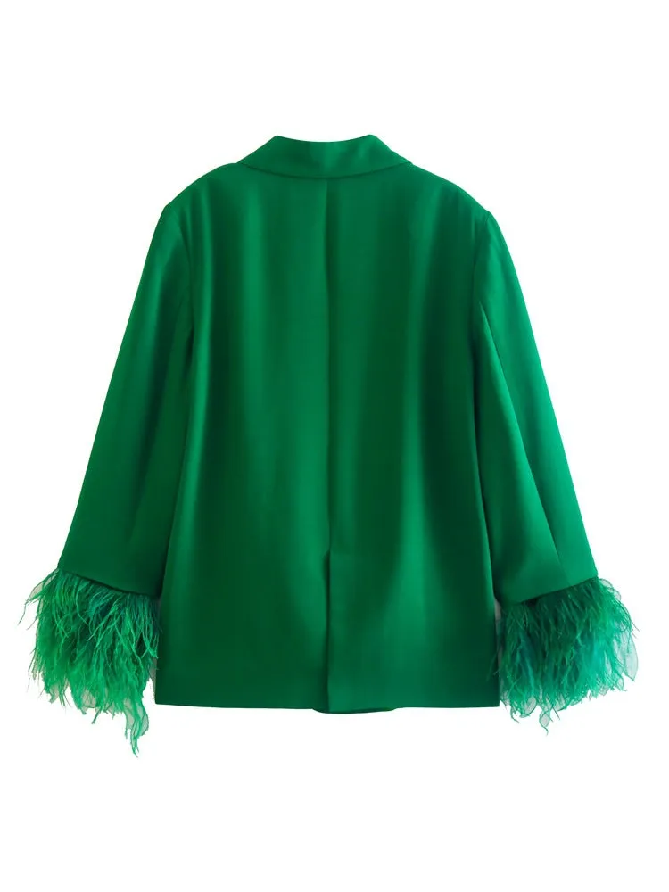 Beautiful Green Feather Cuff Blazer Jacket