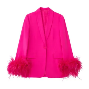 Beautiful Hot Pink Feather Cuff Blazer Jacket