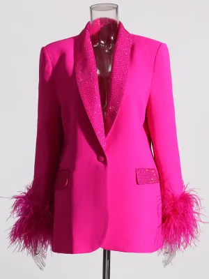 Beautiful Hot Pink Feather Cuff Crystal Bejeweled Blazer Jacket