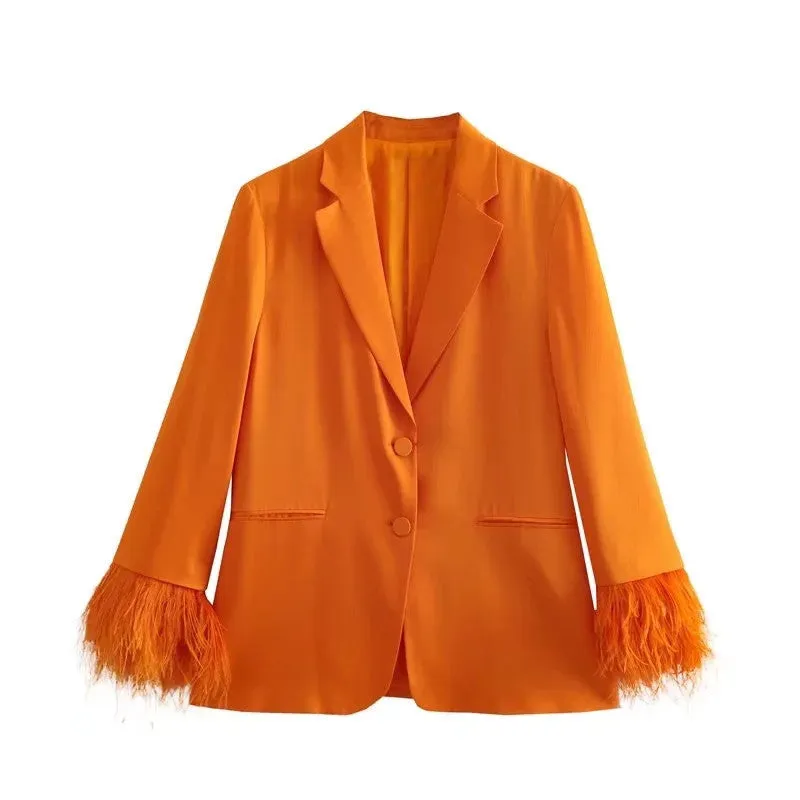 Beautiful Orange Feather Cuff Blazer Jacket