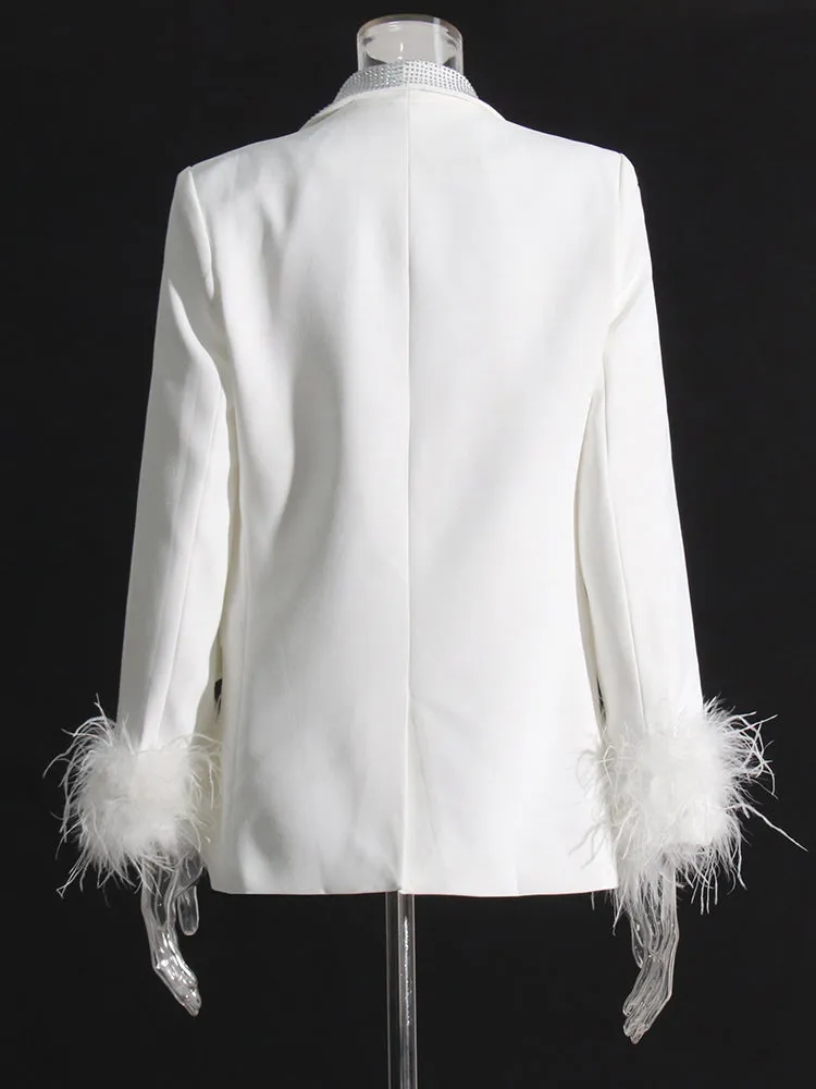 Beautiful White Feather Cuff Crystal Bejeweled Blazer Jacket