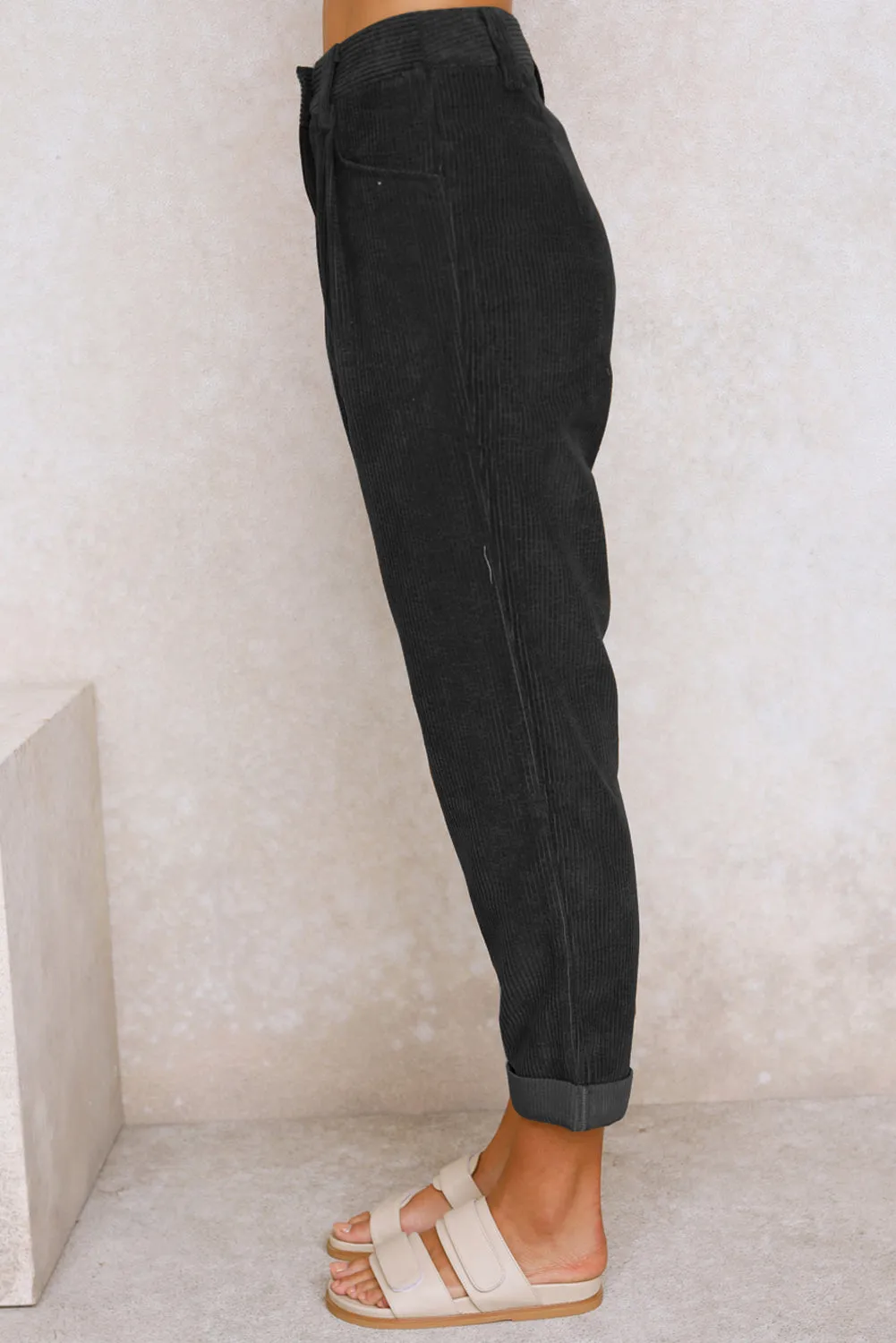 Black Corduroy High Waist Straight Leg Trousers