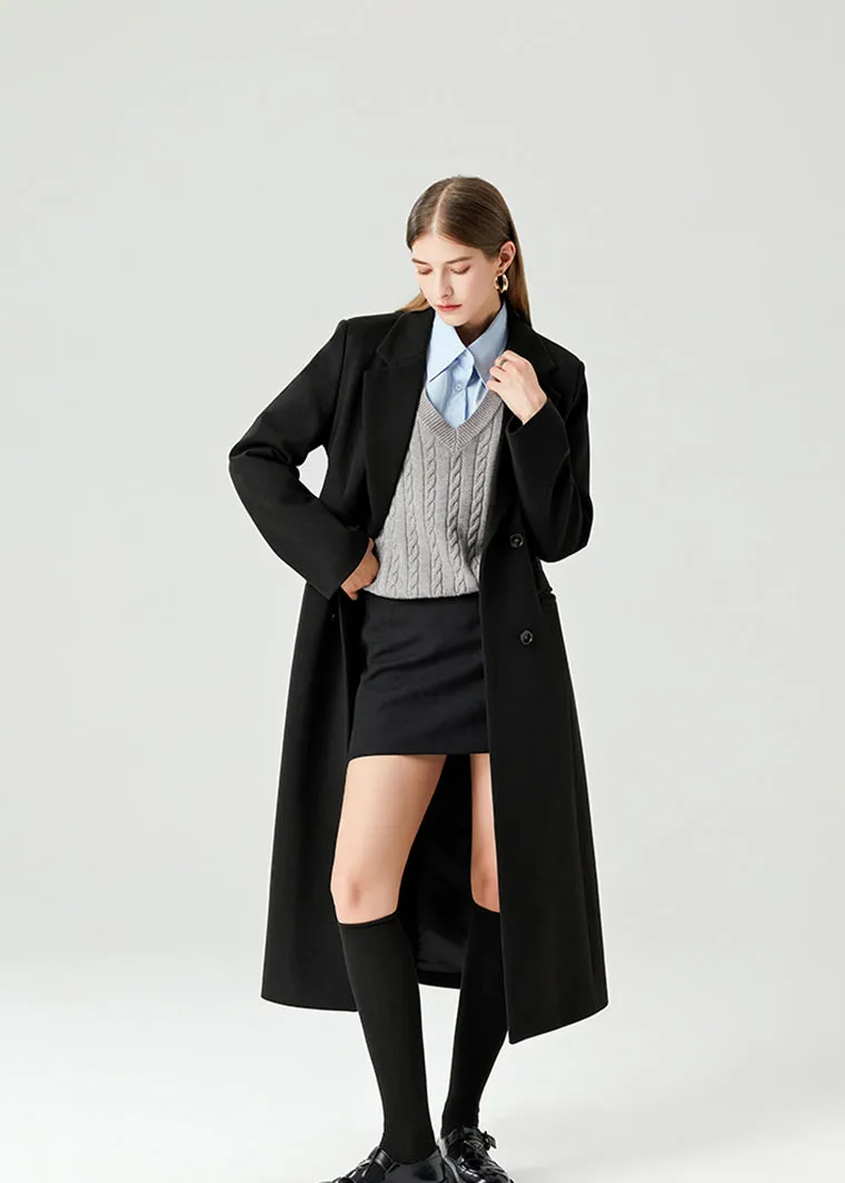 Black Double Breasted Slim Waist Wool Blend Long Coat