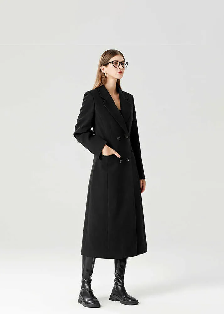 Black Double Breasted Slim Waist Wool Blend Long Coat