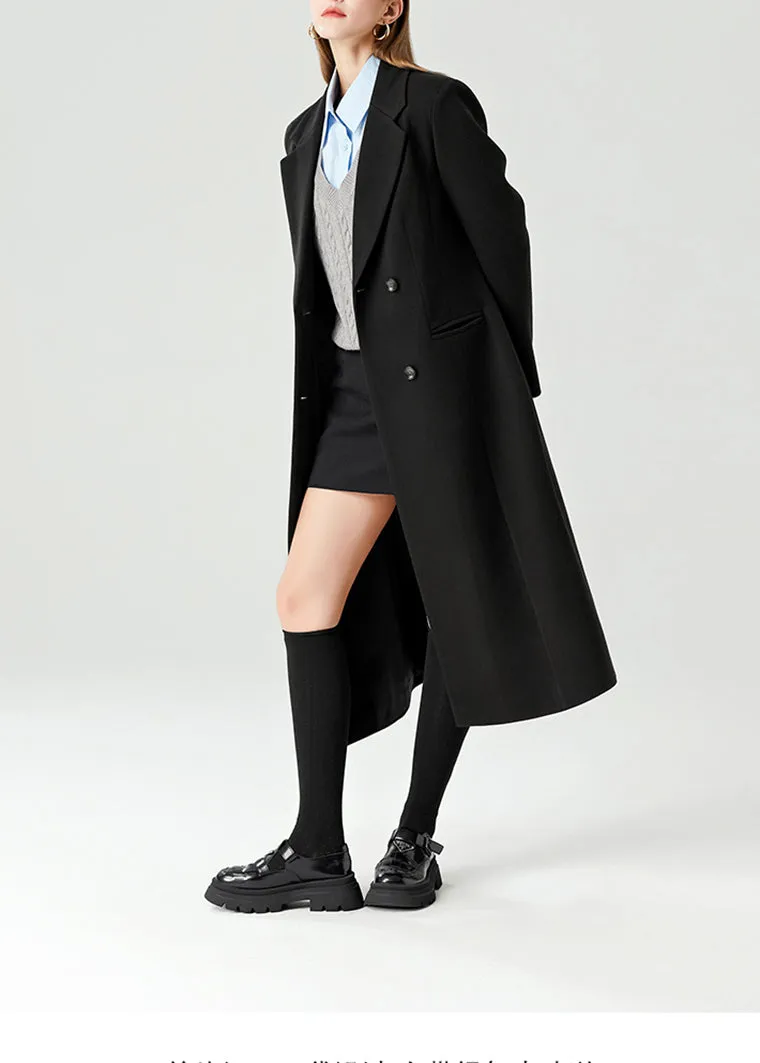 Black Double Breasted Slim Waist Wool Blend Long Coat