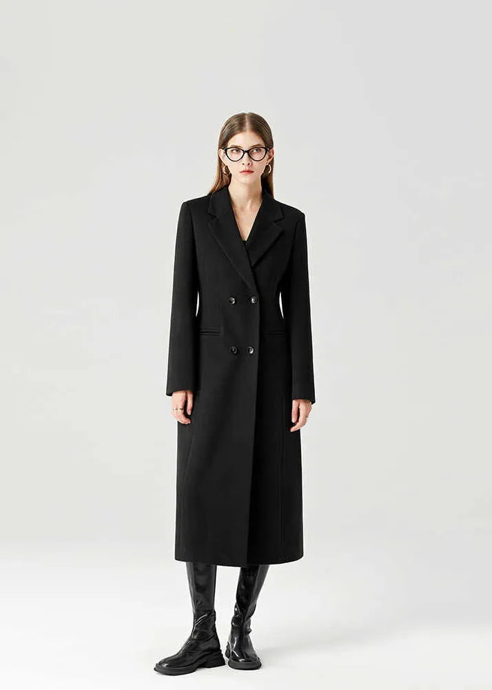 Black Double Breasted Slim Waist Wool Blend Long Coat