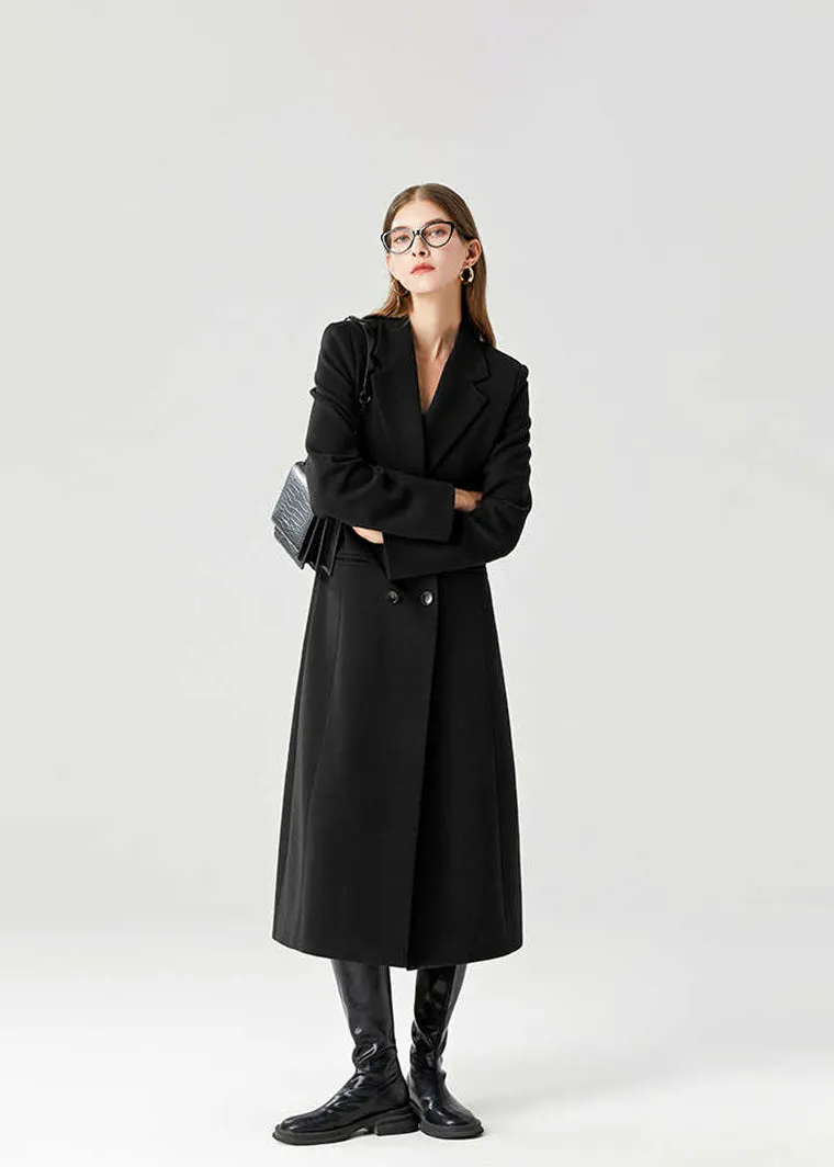 Black Double Breasted Slim Waist Wool Blend Long Coat