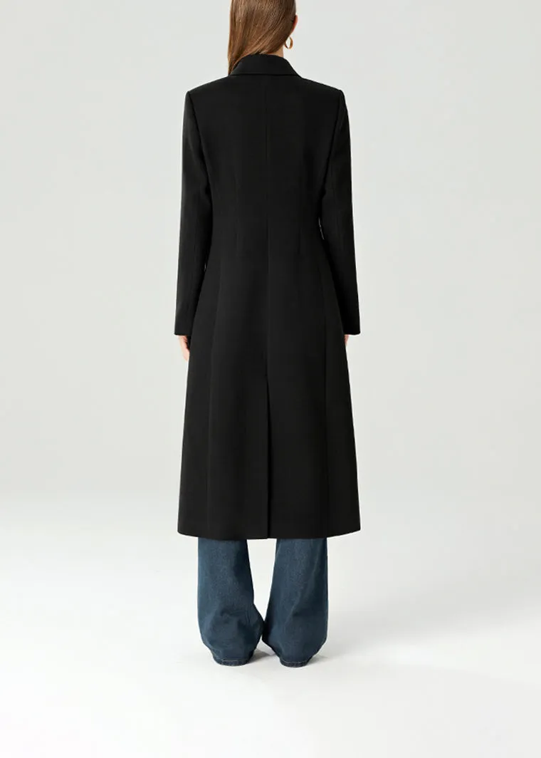 Black Double Breasted Slim Waist Wool Blend Long Coat