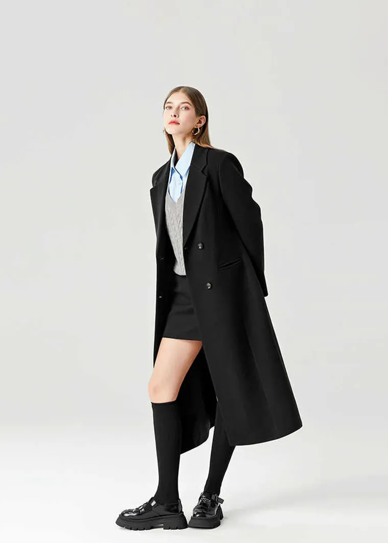 Black Double Breasted Slim Waist Wool Blend Long Coat