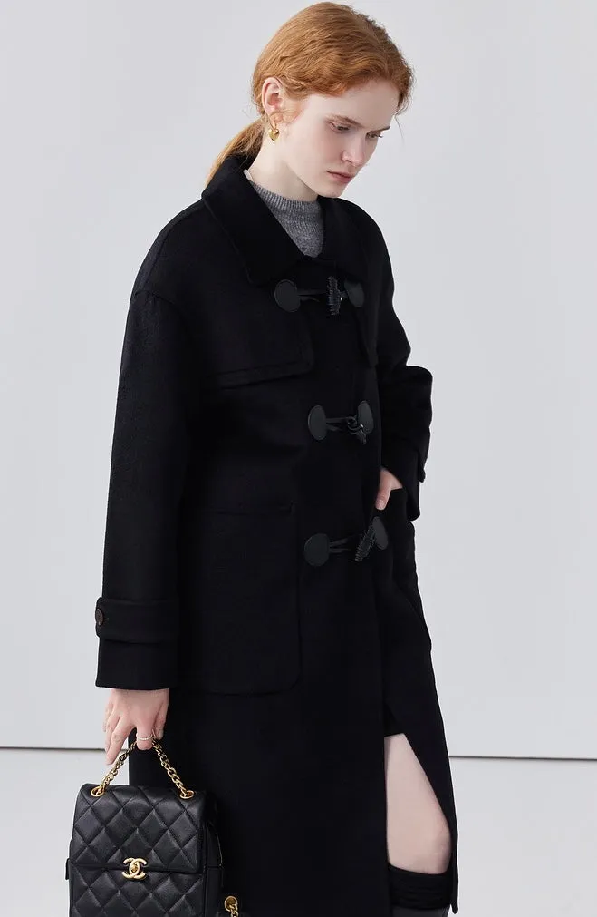 Black double-sided woolen coat for women retro version mid-length