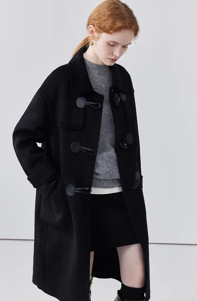 Black double-sided woolen coat for women retro version mid-length