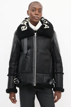 Black Leather Shearling Logo Jacket