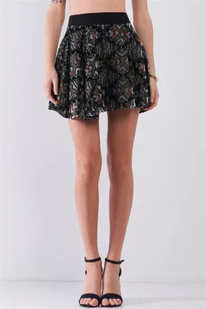 Black Multi Geometric Print Velvet High-Waisted Flare Mini Skirt /1-1-2-1