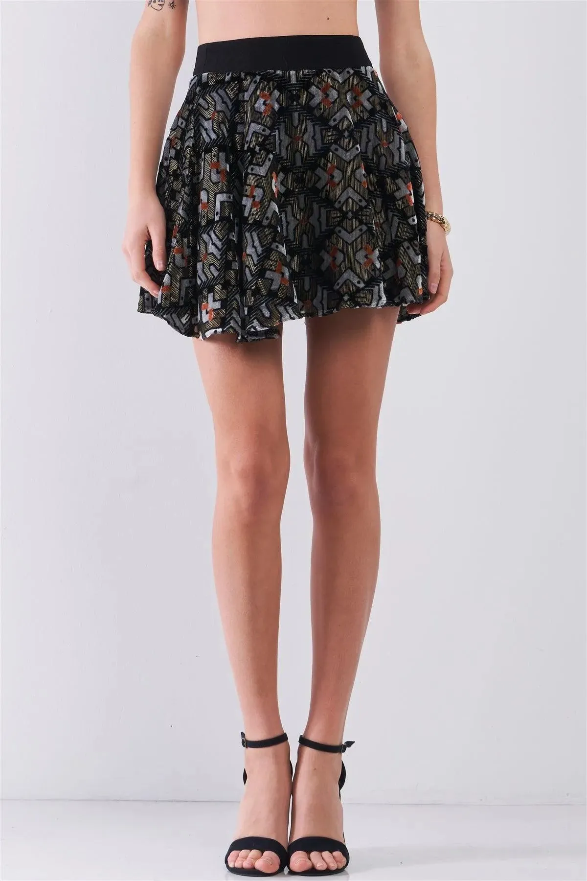 Black Multi Geometric Print Velvet High-Waisted Flare Mini Skirt /1-2-2-1