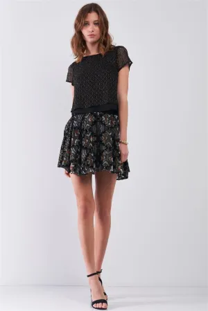 Black Multi Geometric Print Velvet High-Waisted Flare Mini Skirt /1-2-2-1