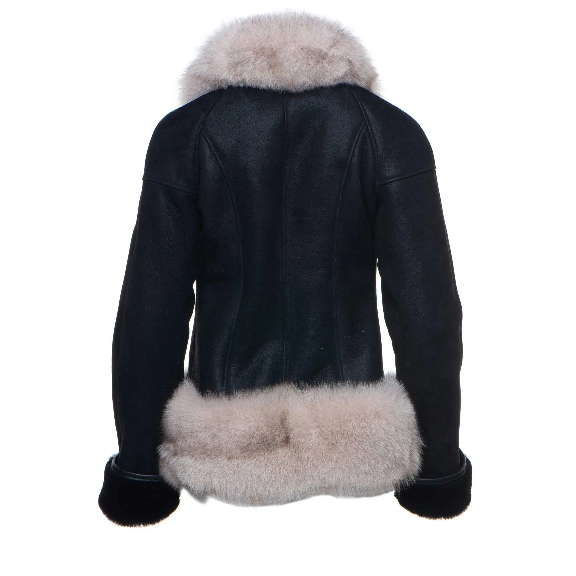 Black Shearling Sheepskin Jacket with Fox fur trim For Women