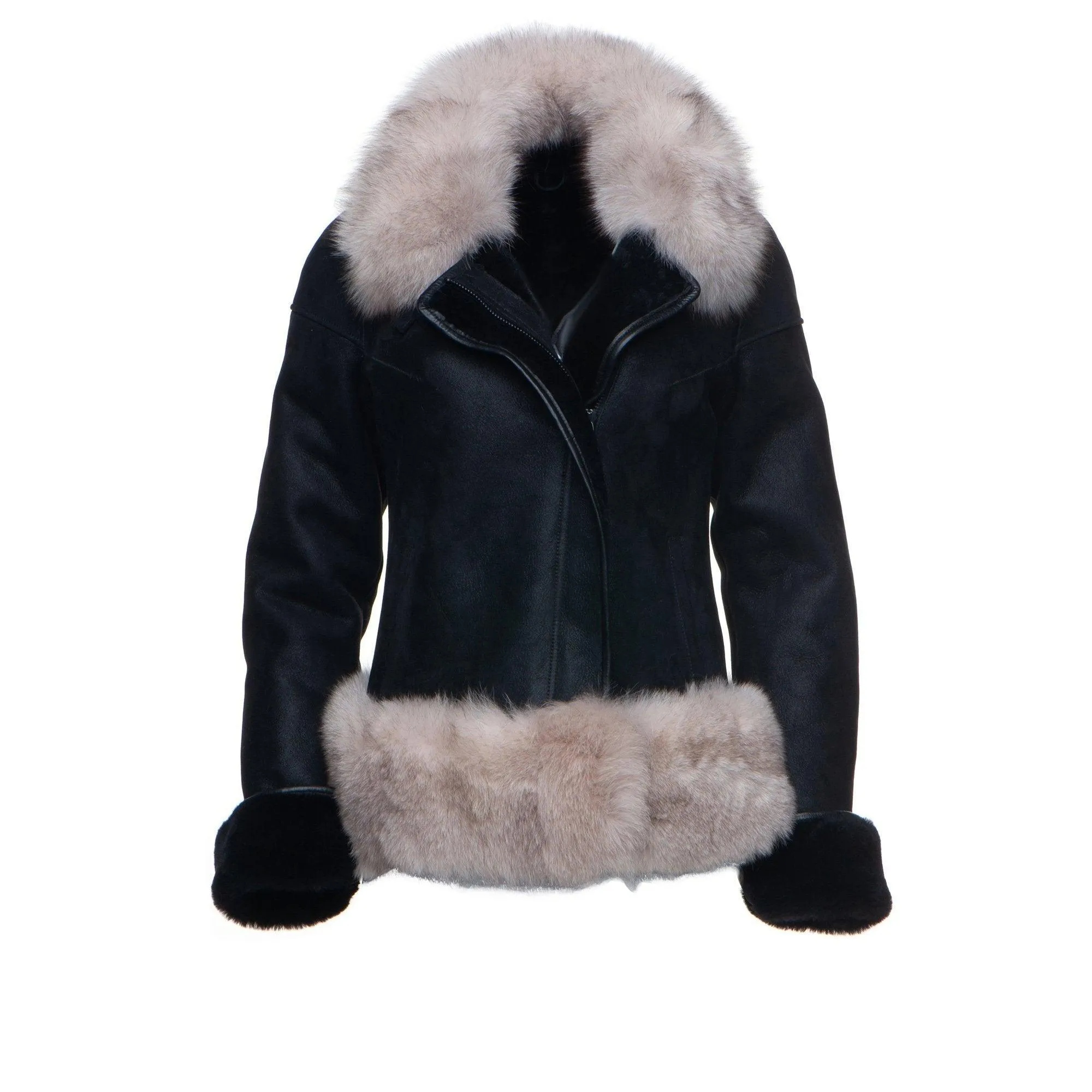 Black Shearling Sheepskin Jacket with Fox fur trim For Women