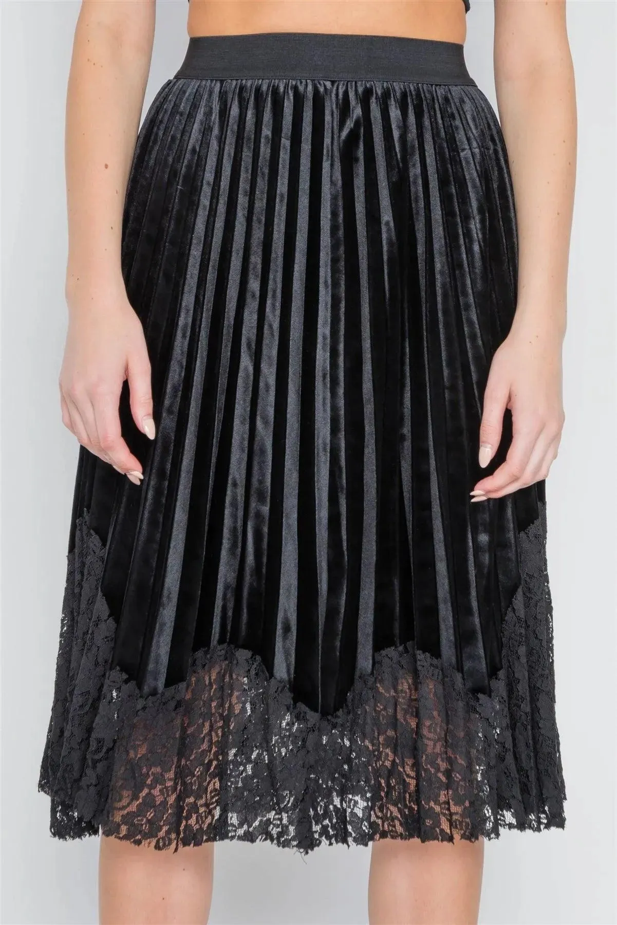 Black Velvet High-Waist Pleated Combo Lace Skirt /1-2-2-1