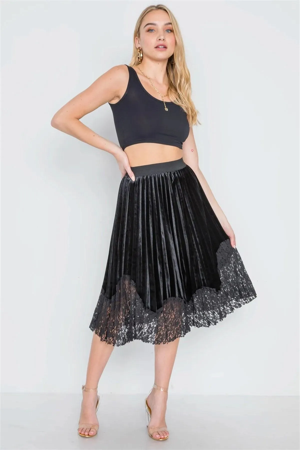 Black Velvet High-Waist Pleated Combo Lace Skirt /2-2-2