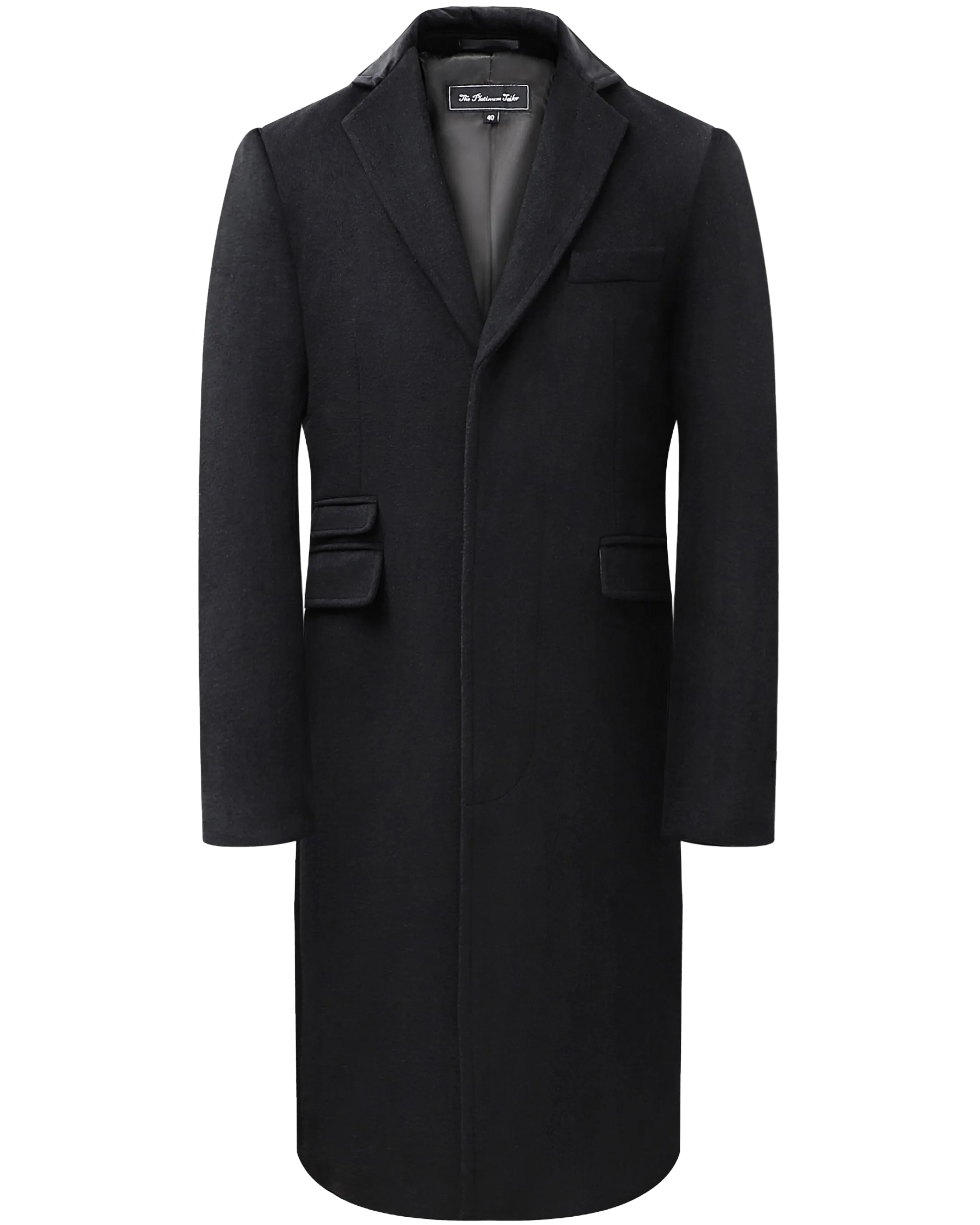 Black Wool Cashmere Covert Overcoat With Black Lining