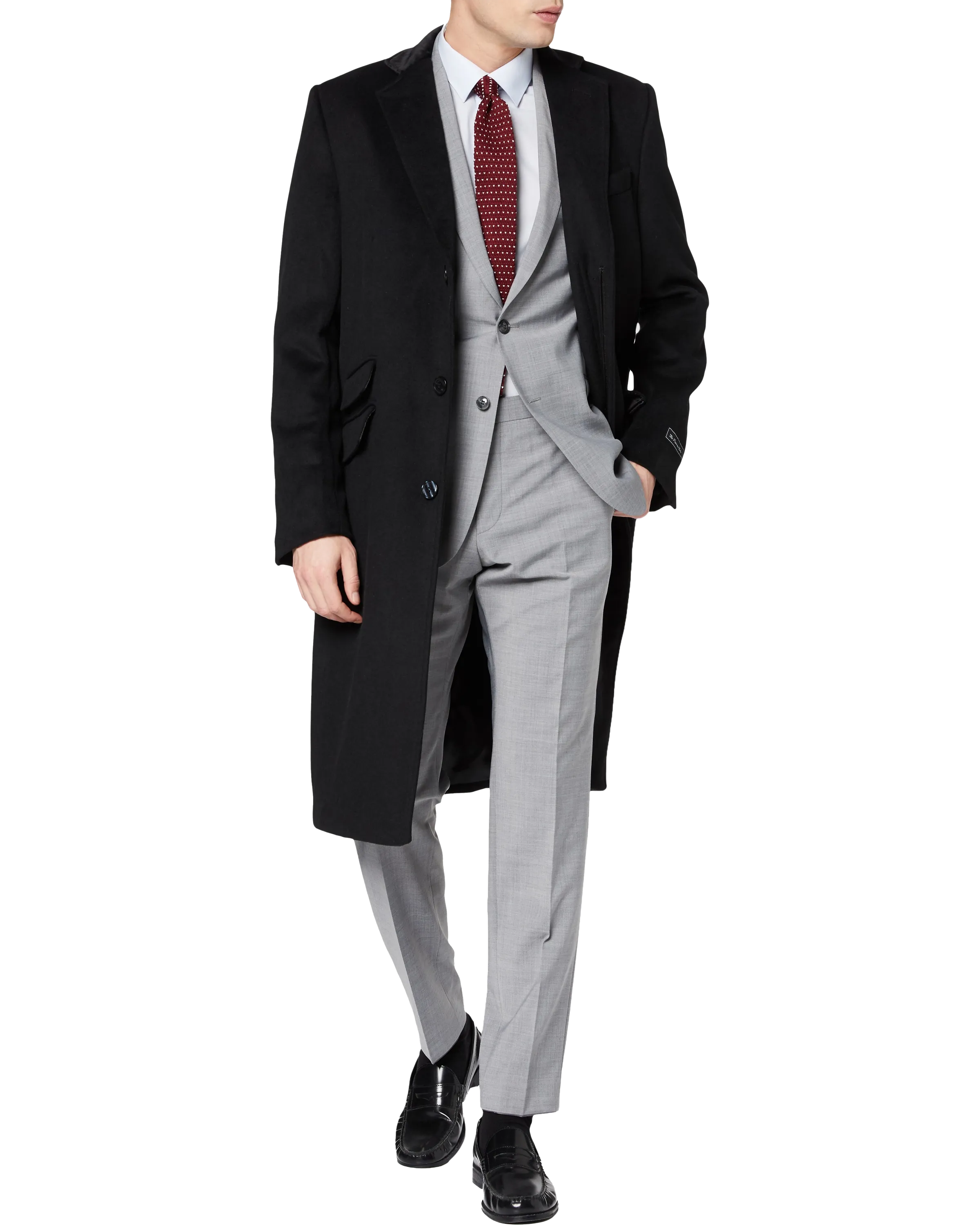 Black Wool Cashmere Covert Overcoat With Black Lining