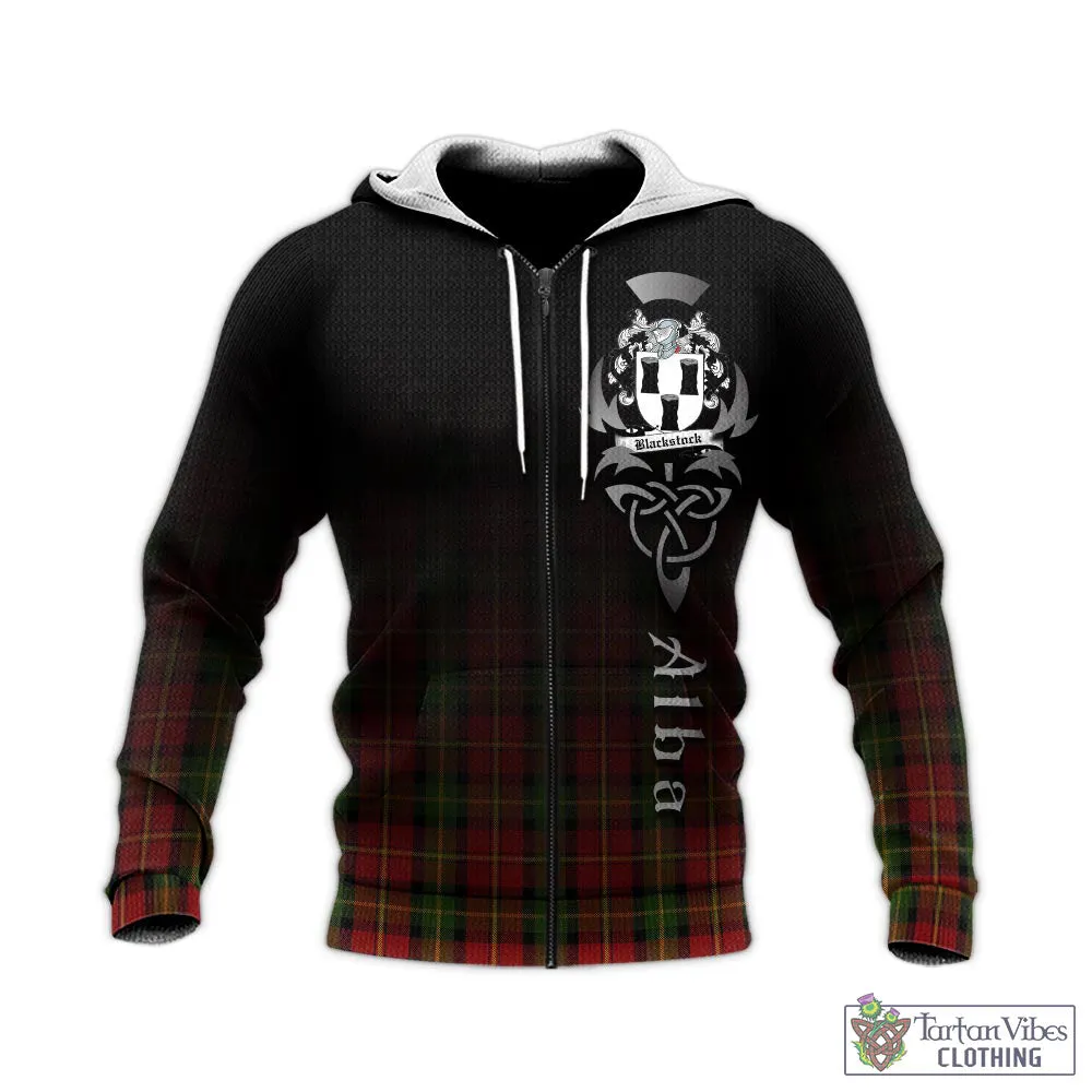 Blackstock Red Dress Tartan Knitted Hoodie Featuring Alba Gu Brath Family Crest Celtic Inspired