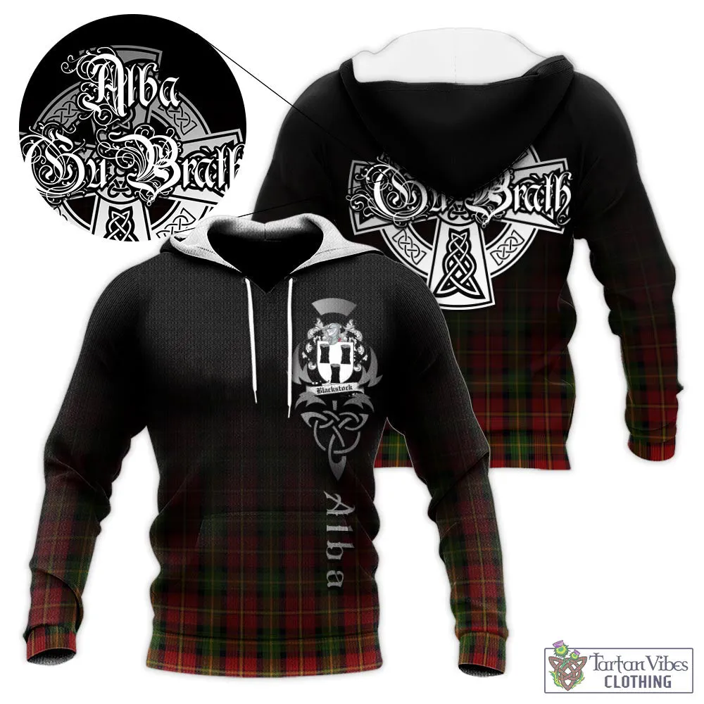 Blackstock Red Dress Tartan Knitted Hoodie Featuring Alba Gu Brath Family Crest Celtic Inspired