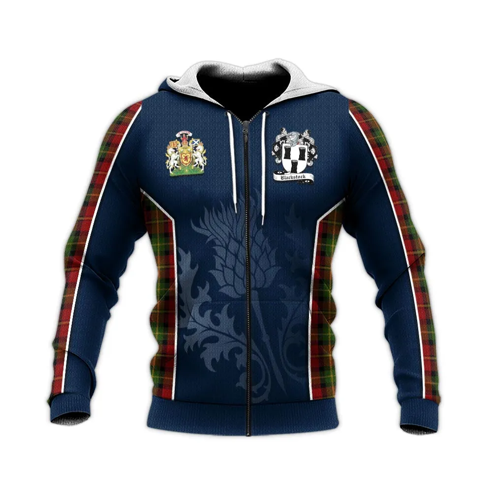 Blackstock Red Dress Tartan Knitted Hoodie with Family Crest and Scottish Thistle Vibes Sport Style