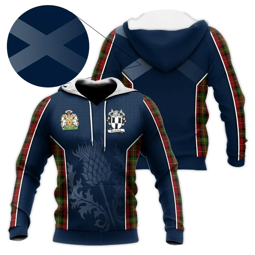 Blackstock Red Dress Tartan Knitted Hoodie with Family Crest and Scottish Thistle Vibes Sport Style