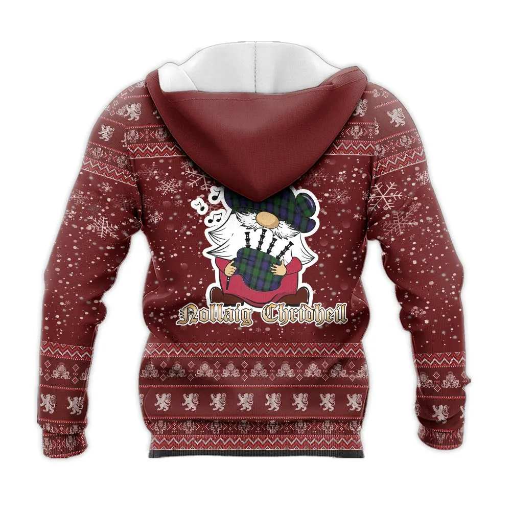 Blair Clan Christmas Knitted Hoodie with Funny Gnome Playing Bagpipes