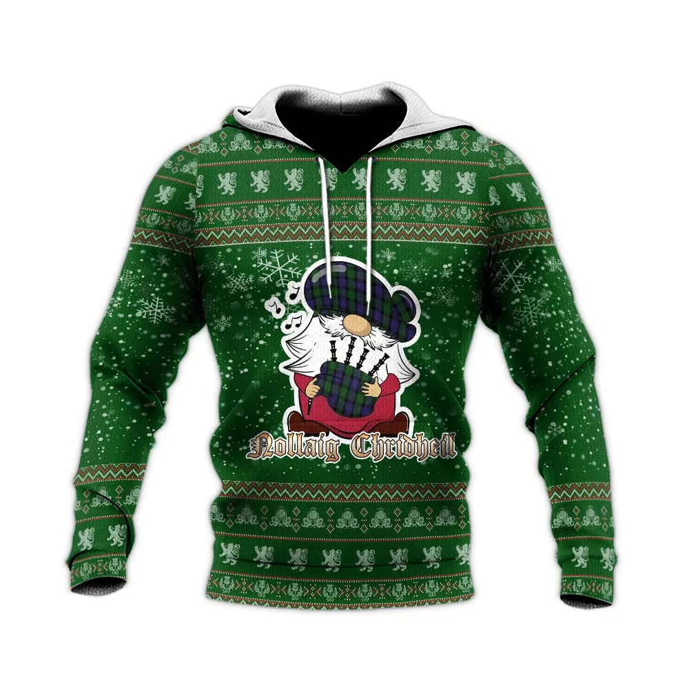 Blair Clan Christmas Knitted Hoodie with Funny Gnome Playing Bagpipes