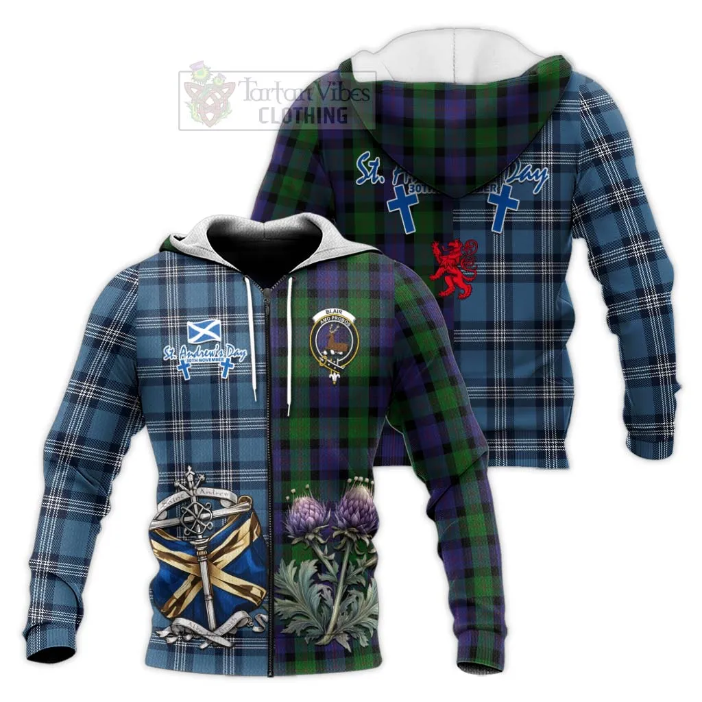 Blair Tartan Knitted Hoodie Happy St. Andrew's Day Half Tartan Style