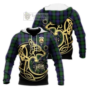 Blair Tartan Knitted Hoodie with Family Crest Celtic Wolf Style