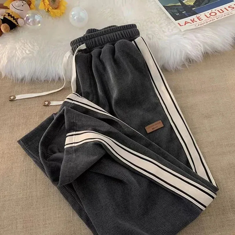 Bonnyshow Fall Striped Corduroy Sweatpants Women Winter Thick High Waist Drawstring Wide Leg Trousers Y2K Korean All-Match Straight Pants