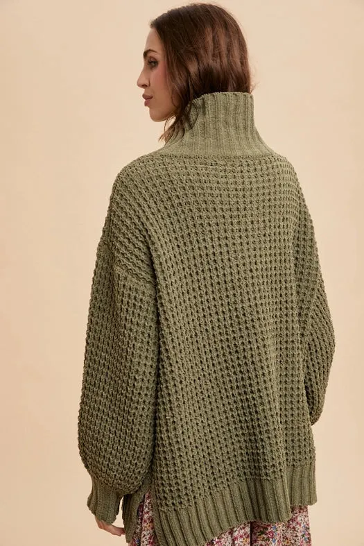 Box Weave Chunky Turtleneck Sweater OLIVE