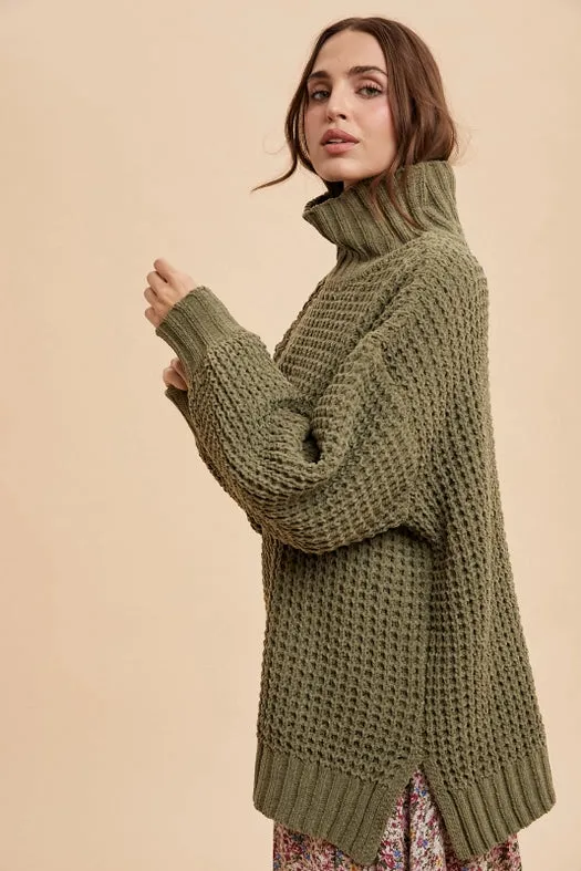 Box Weave Chunky Turtleneck Sweater OLIVE