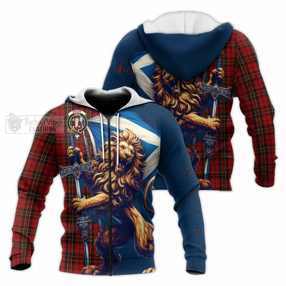 Brodie Tartan Family Crest Knitted Hoodie with Scottish Majestic Lion